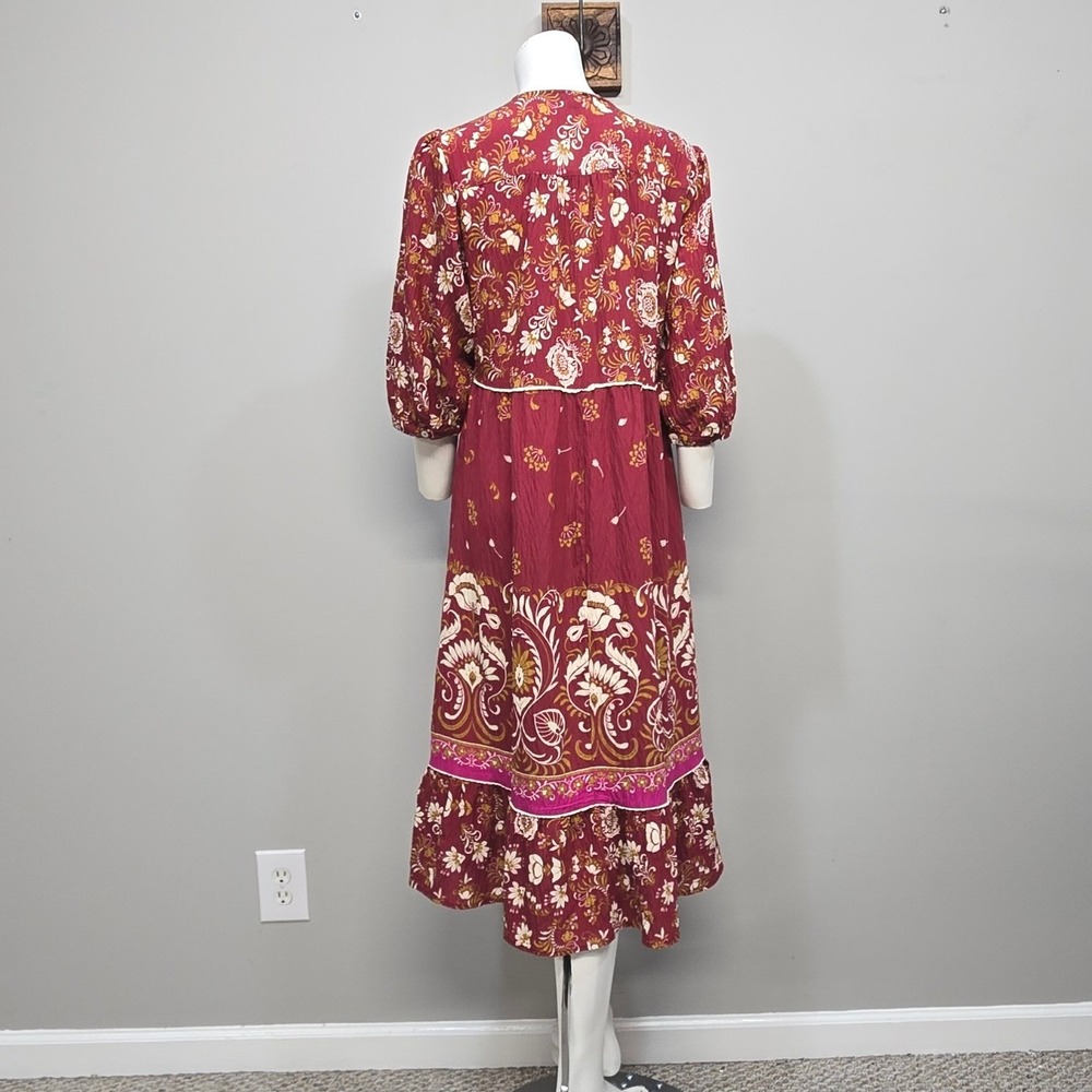 Figueroa & Flower Midi Dress Large Burgundy Floral Boho Peasant Cottage Romantic - Picture 3 of 9